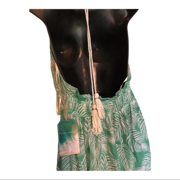 Green white floral open back halter beach cover up crochet maxi dress size small - Picture 11 of 16